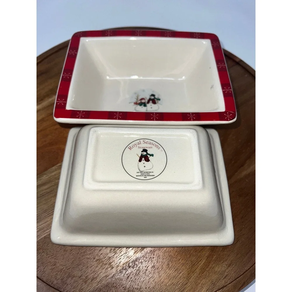 Royal Seasons Stoneware Snowman Holiday Serving Dishes Set of 2 Red Plaid‎